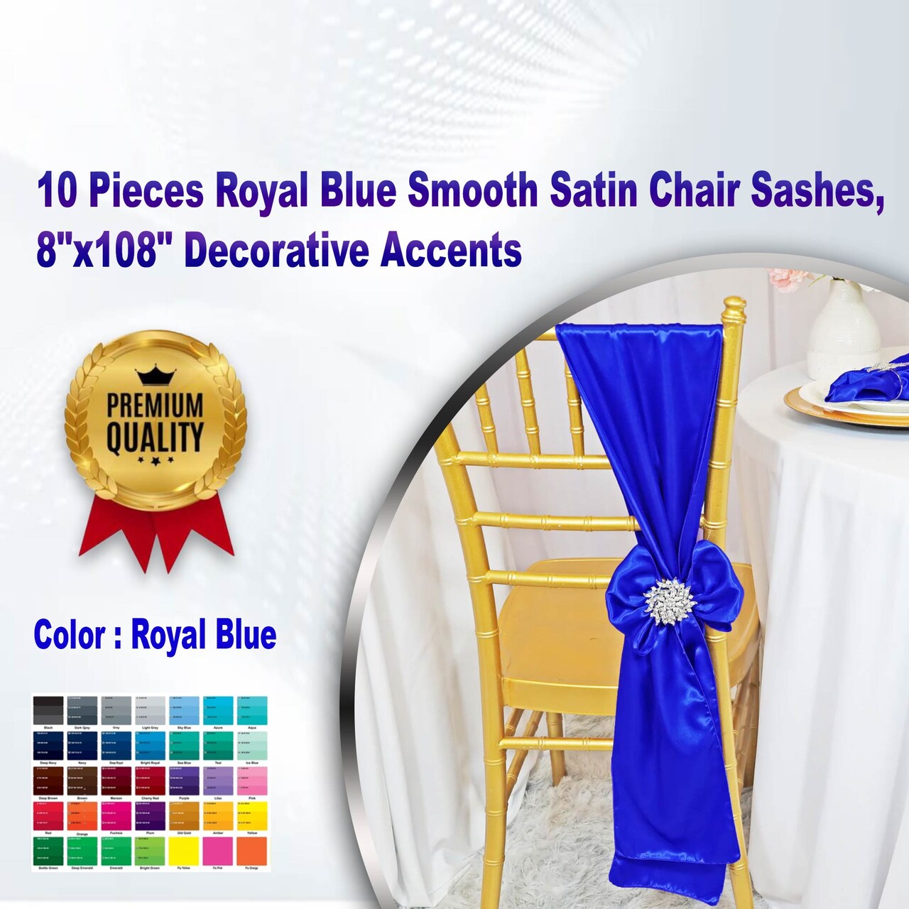 10 Pieces Royal Blue Smooth Satin Chair Sashes, 8"x108" Decorative Accents